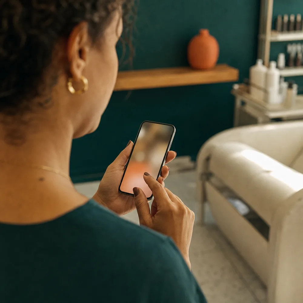 Mãos segurando o celular prestes a aprovar uma arte, dentro do próprio salão.