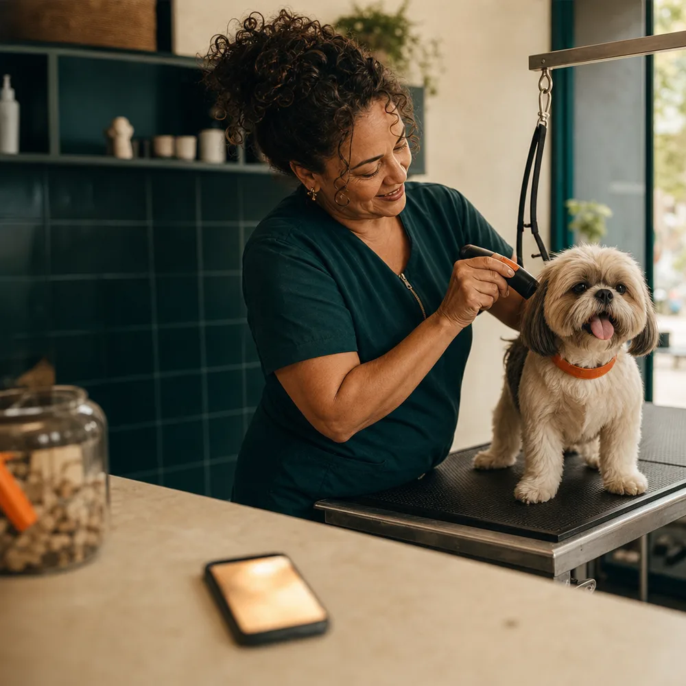 Dona de petshop cuidando de um cachorro na mesa de banho, com o celular ao lado no balcão.