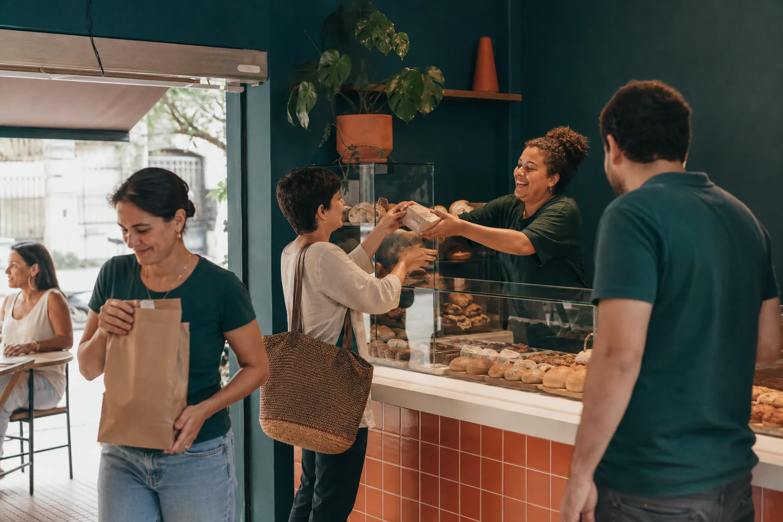 Padaria de bairro movimentada, com clientes no balcão e o dono atendendo.