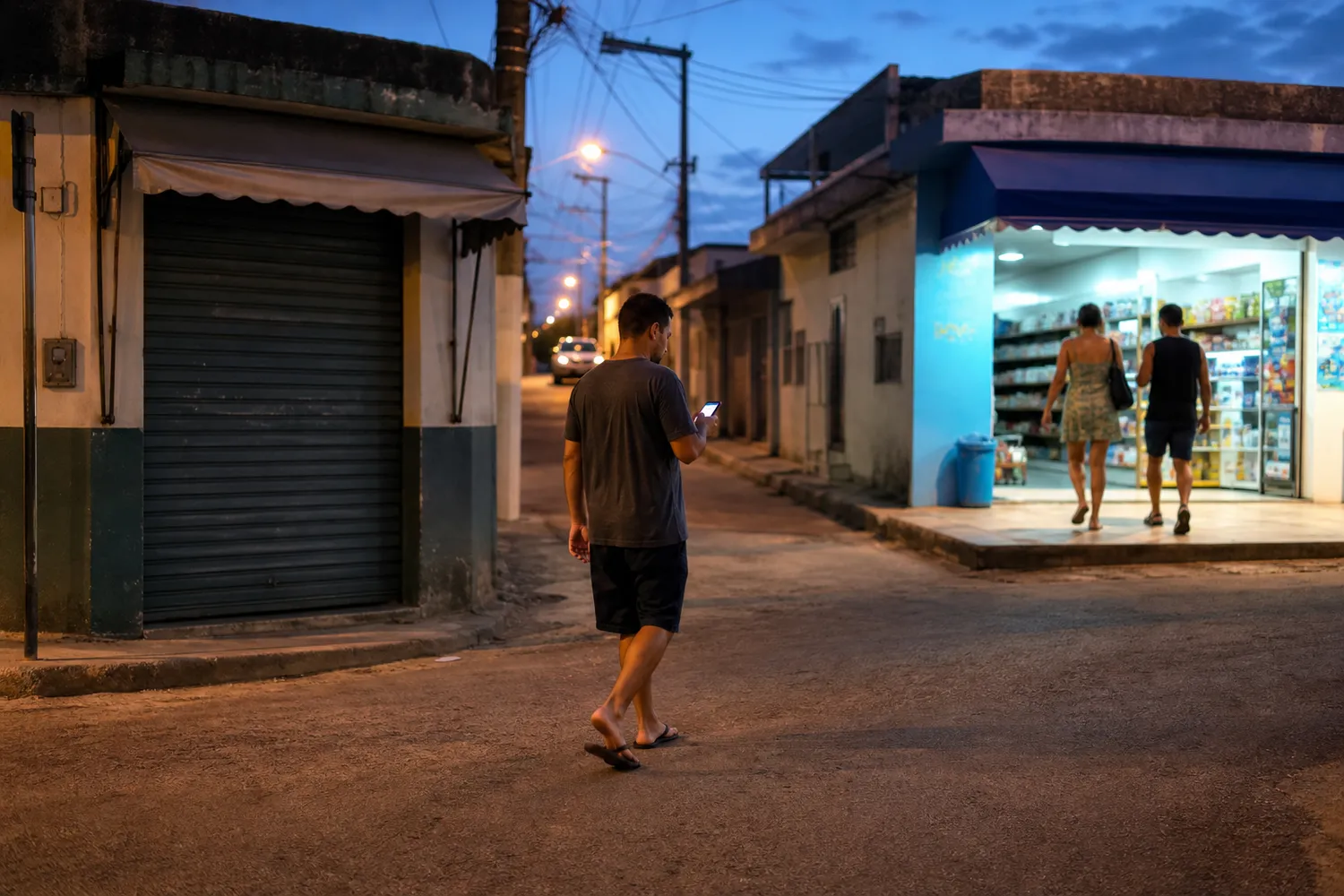 Rua de bairro ao anoitecer: à esquerda uma loja de portas fechadas, à direita outra iluminada recebendo clientes, e um homem olhando o celular caminhando para a iluminada.