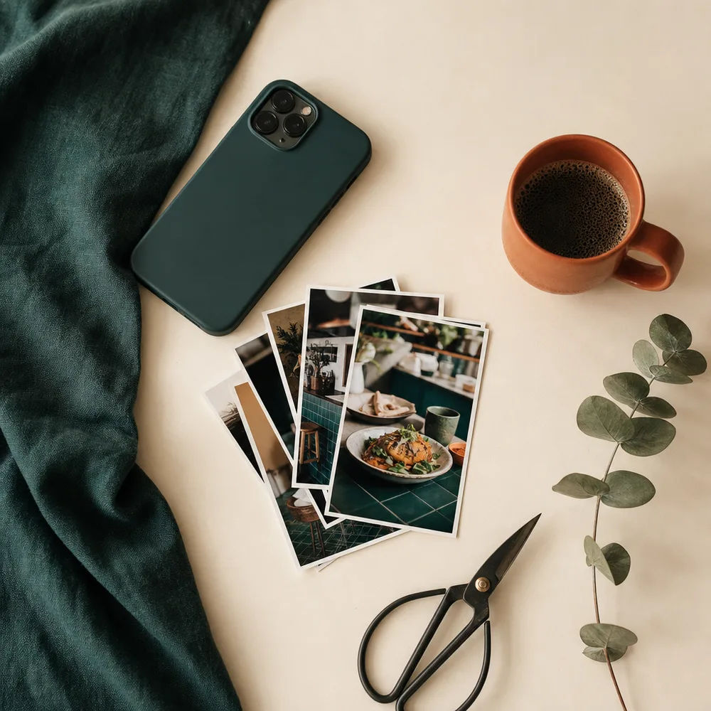 Mesa de trabalho com celular, fotos impressas do negócio e uma xícara — o mês de conteúdo já preparado.