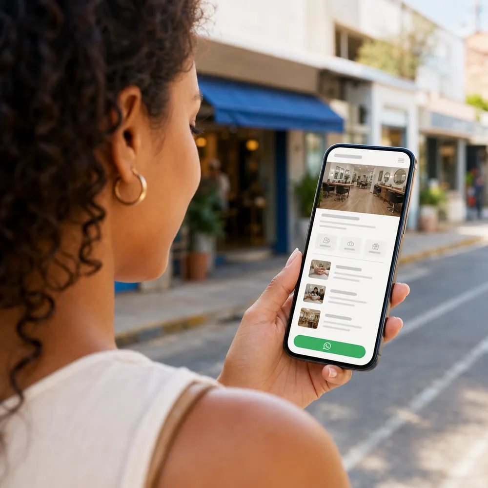 Mulher na calçada segurando o celular e olhando uma lista de resultados de busca, decidindo onde comprar.