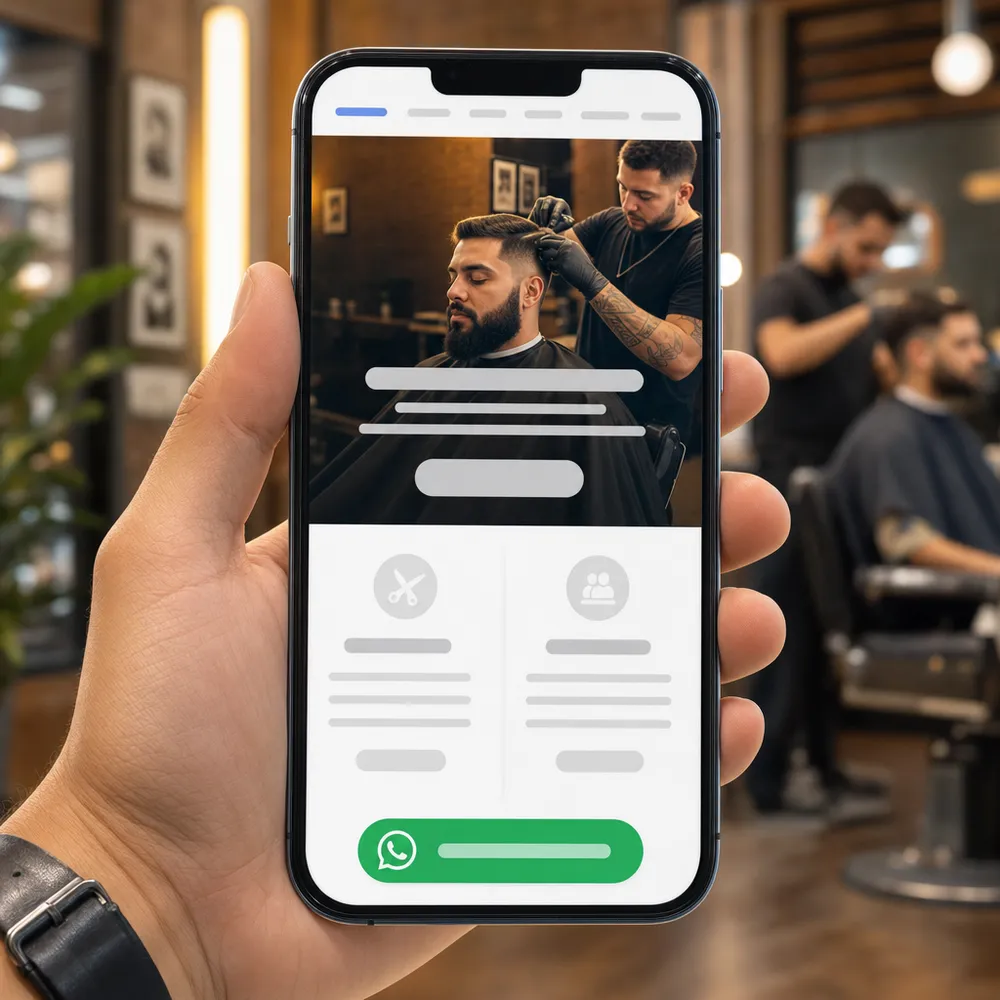 Celular exibindo o site de uma barbearia: foto no topo, blocos de serviços e um botão verde de WhatsApp.