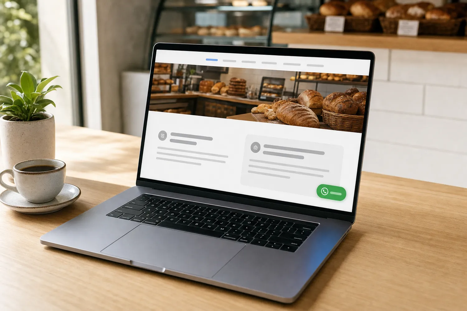 Notebook sobre a bancada de uma padaria exibindo o site do negócio no navegador, com foto no topo e botão de WhatsApp.
